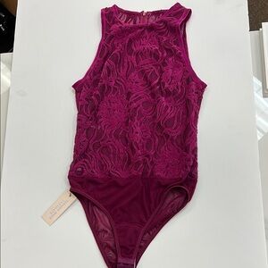 Tadashi Shoji Purple Sleeveless Bodysuit with Floral Lace Design NWT